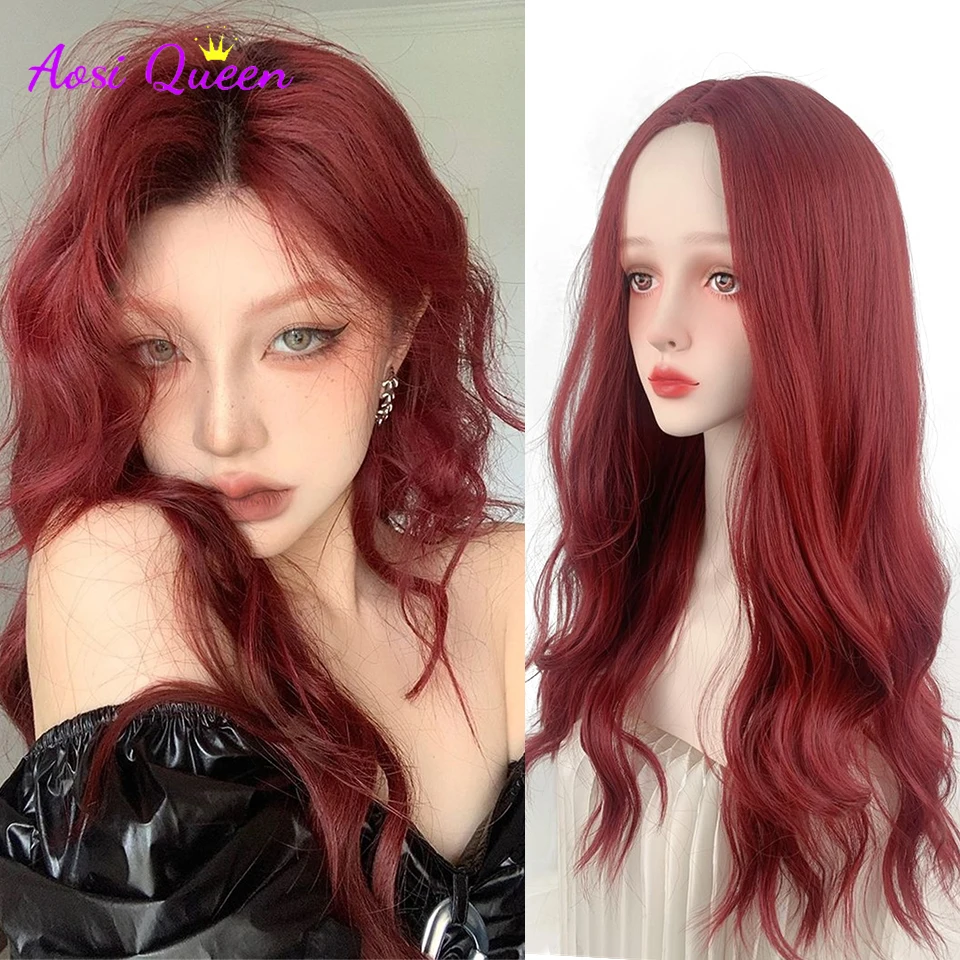 

AS curls Straight Wine Red Wig With Bang Synthetic Wigs for Women Heat Resistant Natural Hair for Daily Halloween Cosplay Party