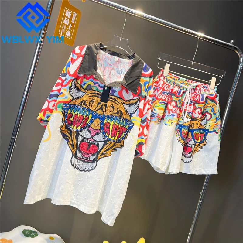 

Two Piece Set Women Tiger Print Short Sleeve Tshirt And High Waist Shorts Fashion Diamond 2 Piece Set Female Summer Loose Suits