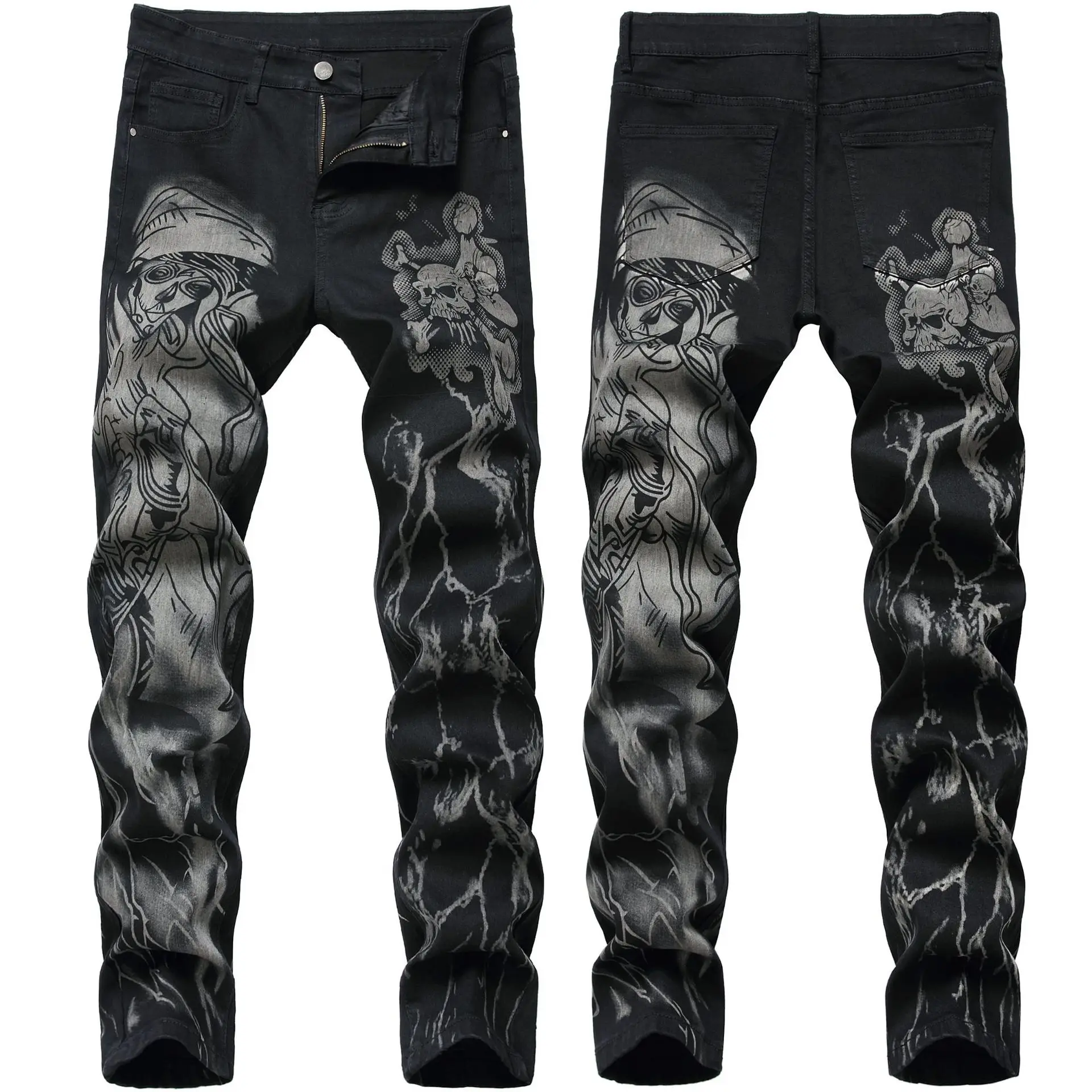 Fashion Print Skinny Jeans Men Black Stretch Hip Hop Streetwear Pants Mens Designer Clothes High Street Denim Trousers