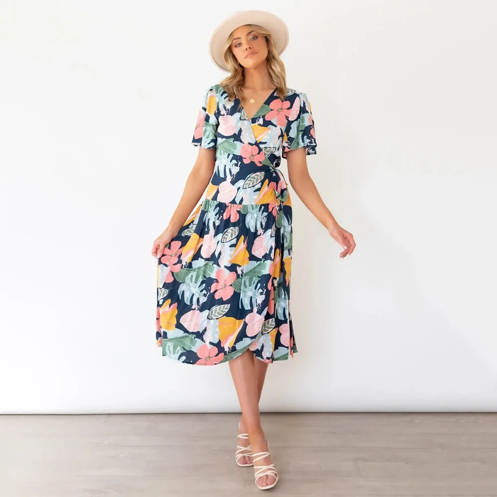 

Summer Women V-neck Strappy Irregular Short-sleeved Printed Dress Woman Elegant Sashes Vintage Sexy Comfortable Casual Dresses