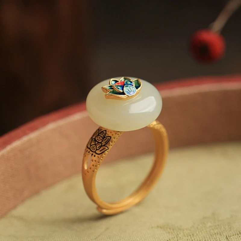 

New Trendy Chinese Style White Imitation Jade Lotus Flower Copper Ring Adjustable Birthday Party Favor Banquet Jewelry