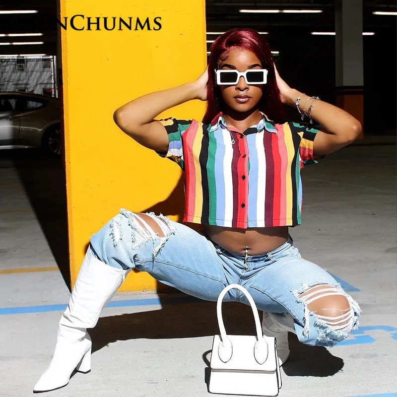 

Summer Polo Stripe Print Short Sleeve Blouse T-shirt Women Harajuku Outfits Streetwear Fashion Tie Dyeing Casual Clothing 2022