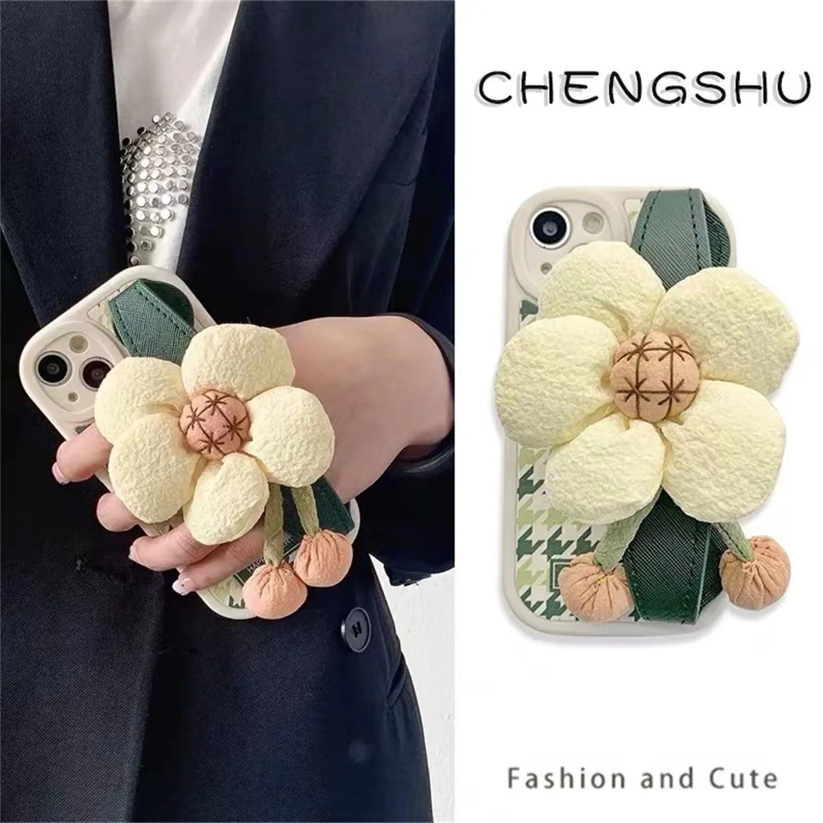 

3D Cute Flower Lanyard Wrist Strap Holder Phone Case For iPhone 14 13 12 11 Pro Max X XR XS Shockproof Fastion Cover Ins Fundas