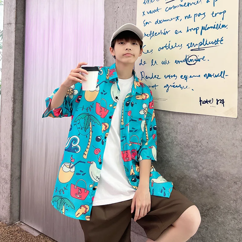 Summer Short Sleeve Shirt Men Cartoon Elements Print Top Fashion Casual Beach Cardigan Blouse Streetwear Oversized Male Clothes