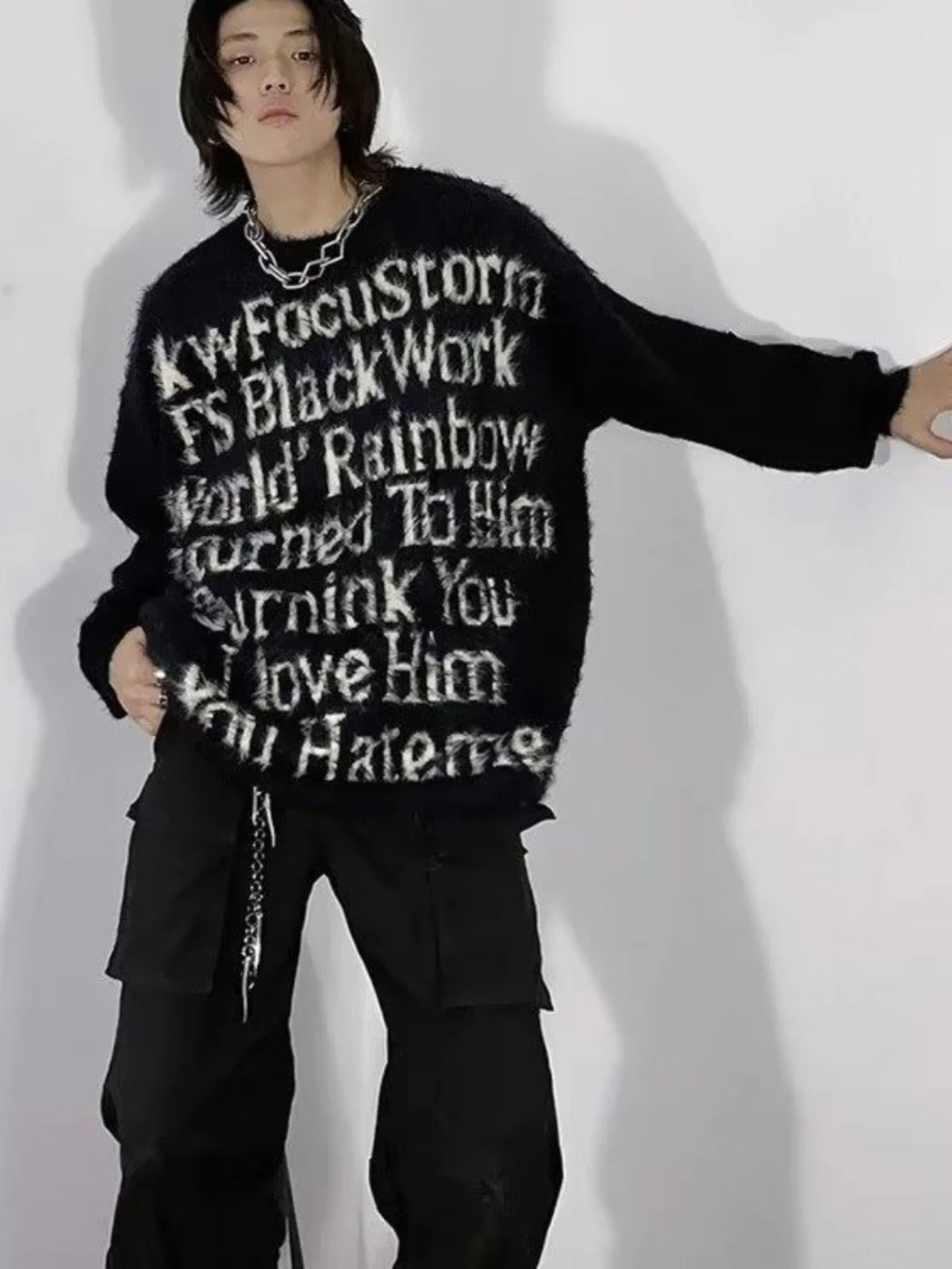 American High Street National Fashion Letter Jacquard round Neck Sea Hair Couple Sweater Men and Women Autumn Winte...
