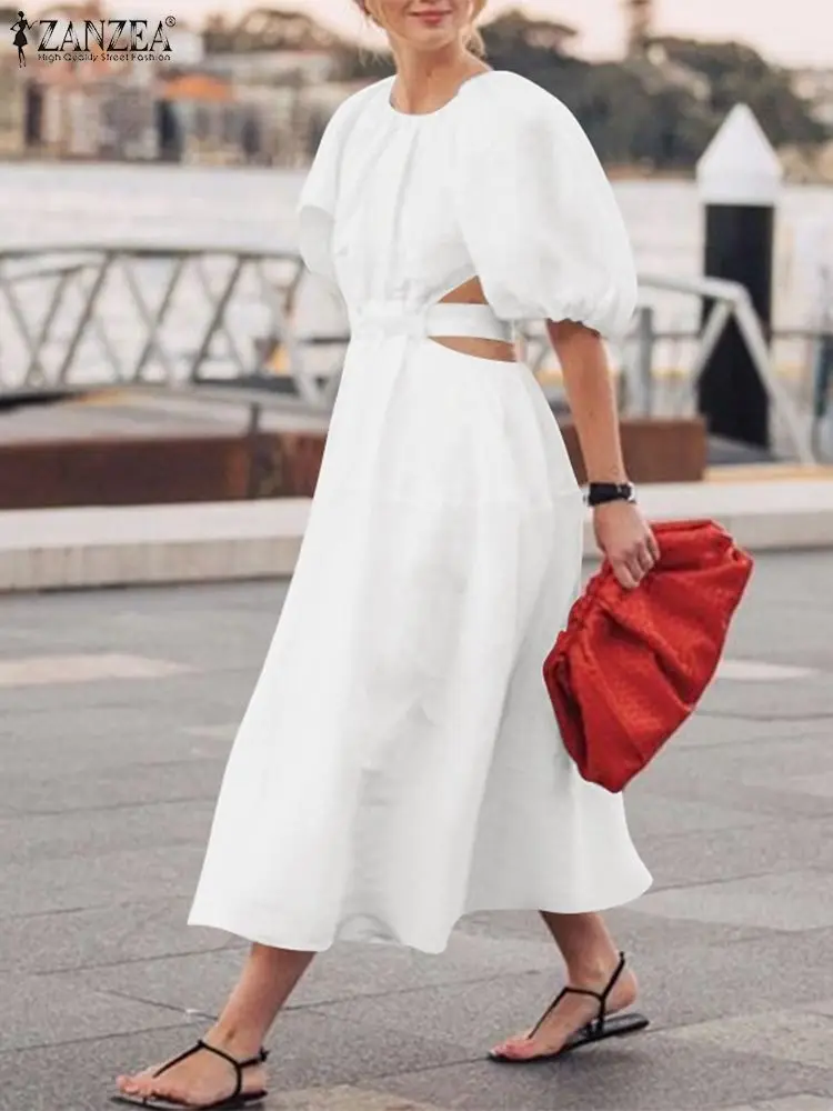 

ZANZEA 2023 Spring Summer Women Long Dress Solid Back Hollow Out Fashion Street Casual Short Sleeve Mid Beach Dresses Vestidos