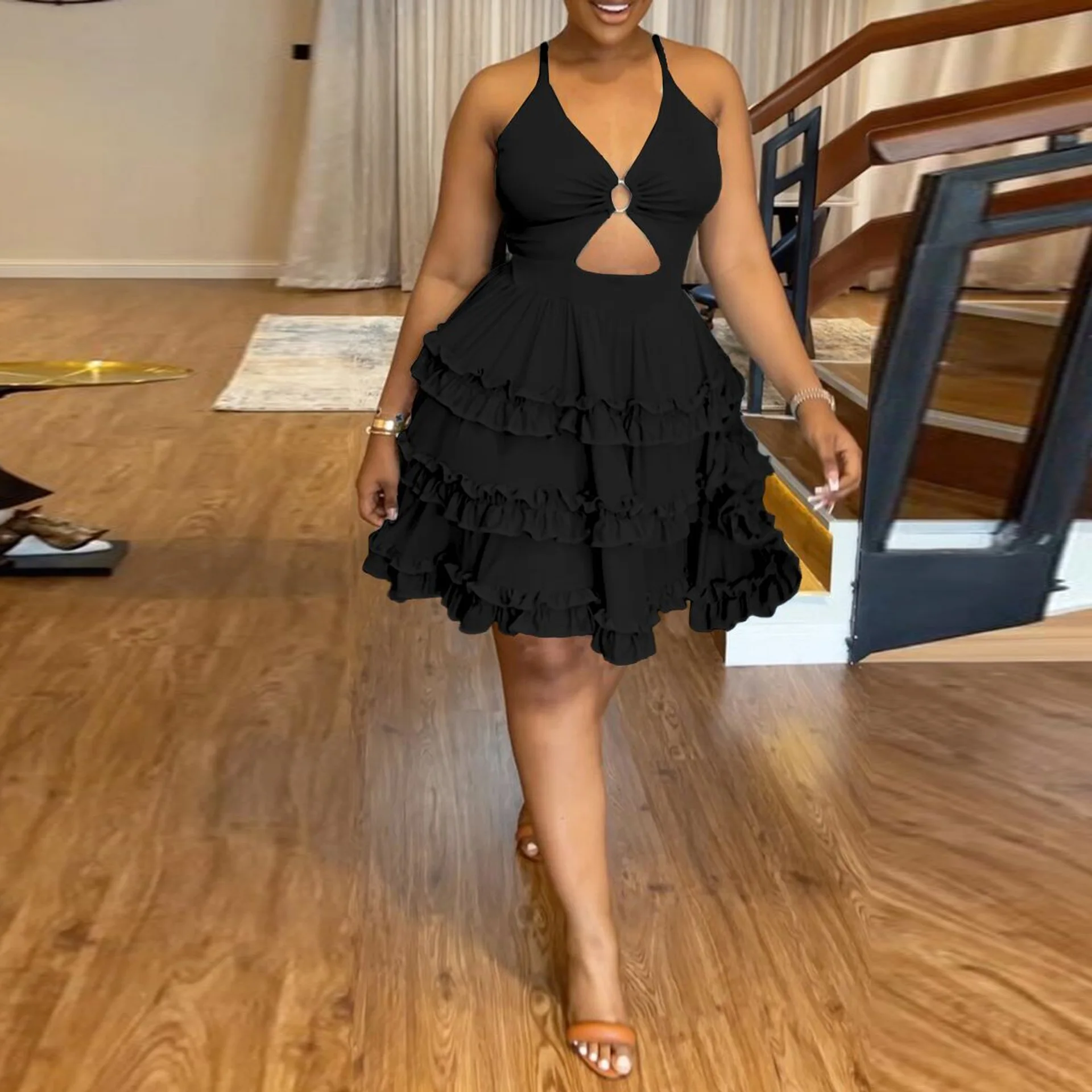 Plus Size Party Dress Women Ruffle Sleeveless Elegant Chubby Cloth Lady Casual Prom Female Mini Gown 2023 Summer Sale New Dress
