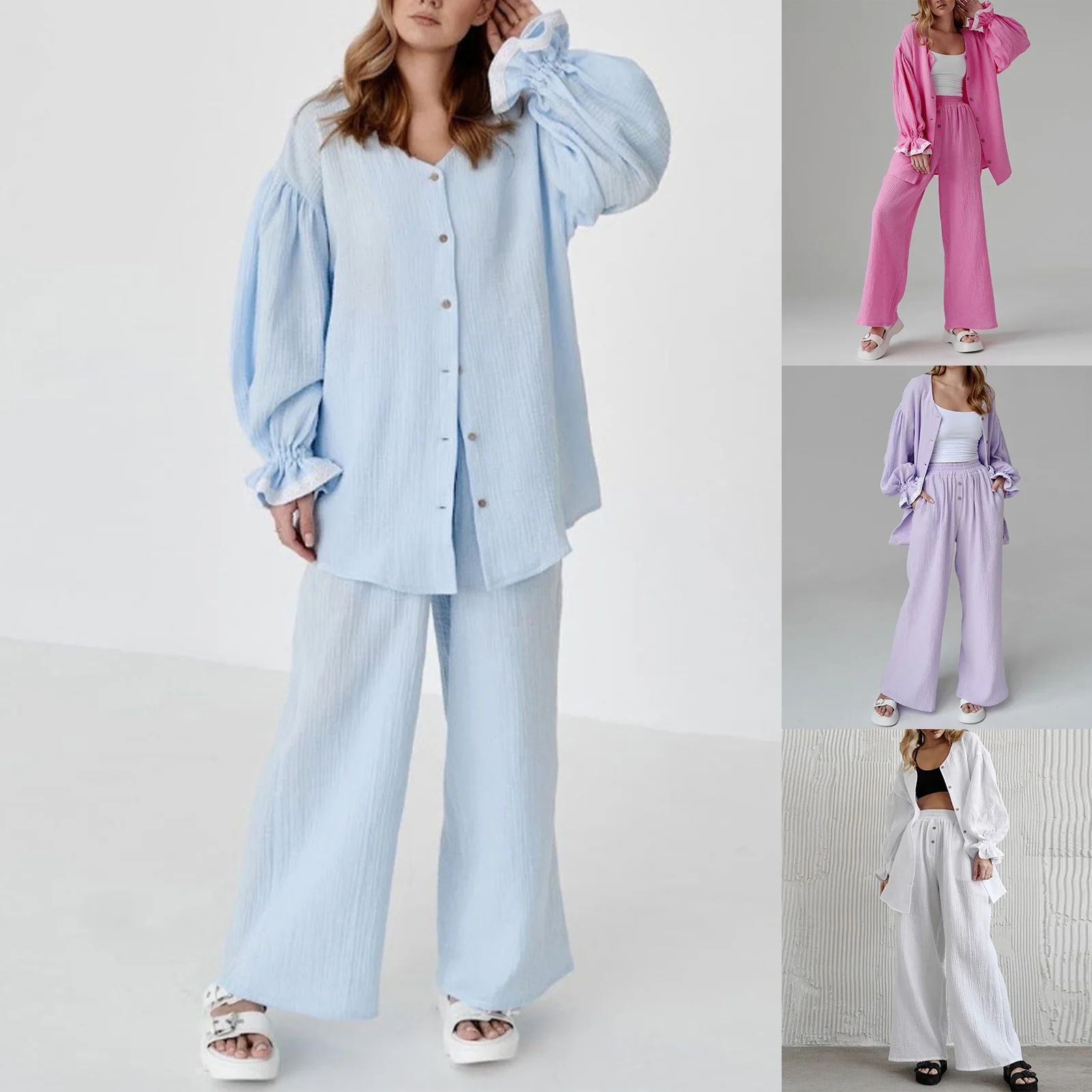 

Casual Tees Top & Elastic Waist Pant Set Pleated Shirts Pant Set Lace Top & Wide Leg Pant Suit Loose Slouchy Comfy Homewear Suit