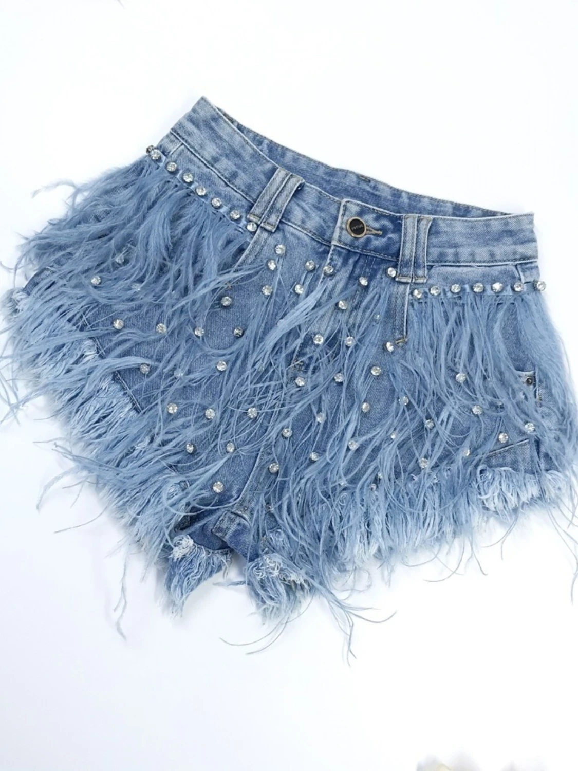 Exquisite Rhinestone Beaded Feather High Waist Denim Shorts for Women's Blue Jeans Shorts DS Nightclub Sexy Hot Pants Fashion