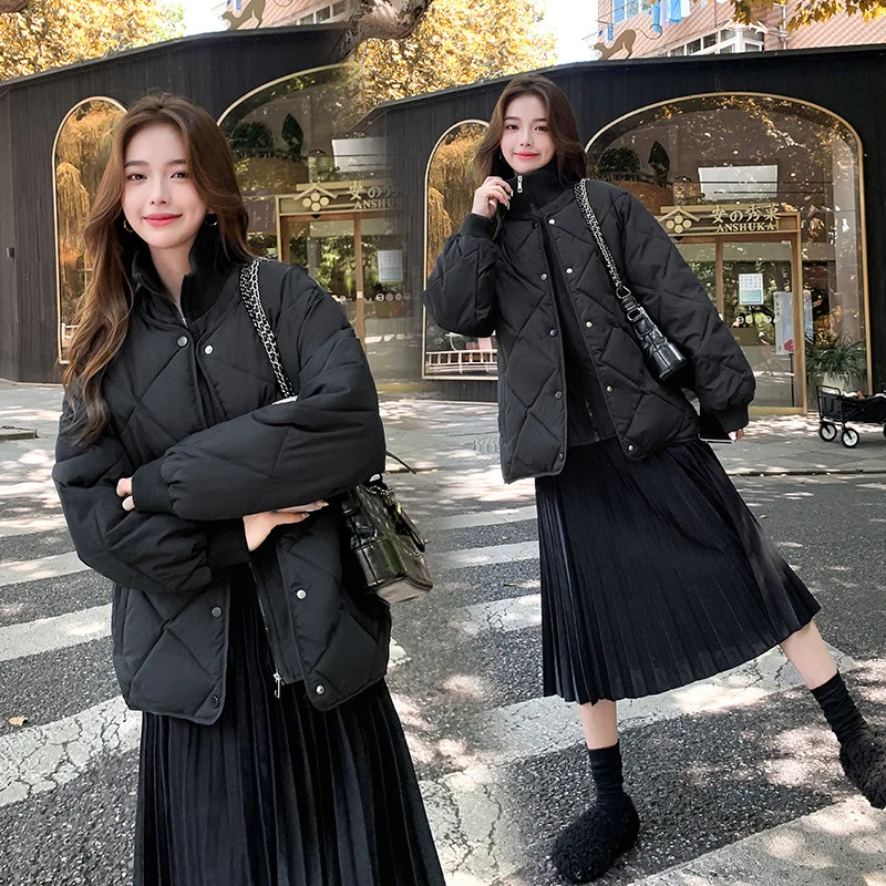 Cotton-padded Jacket Female Lozenge Case Round Collar Short Holiday Two Stitching Thread Thin Cotton-padded Clothes, Leisure