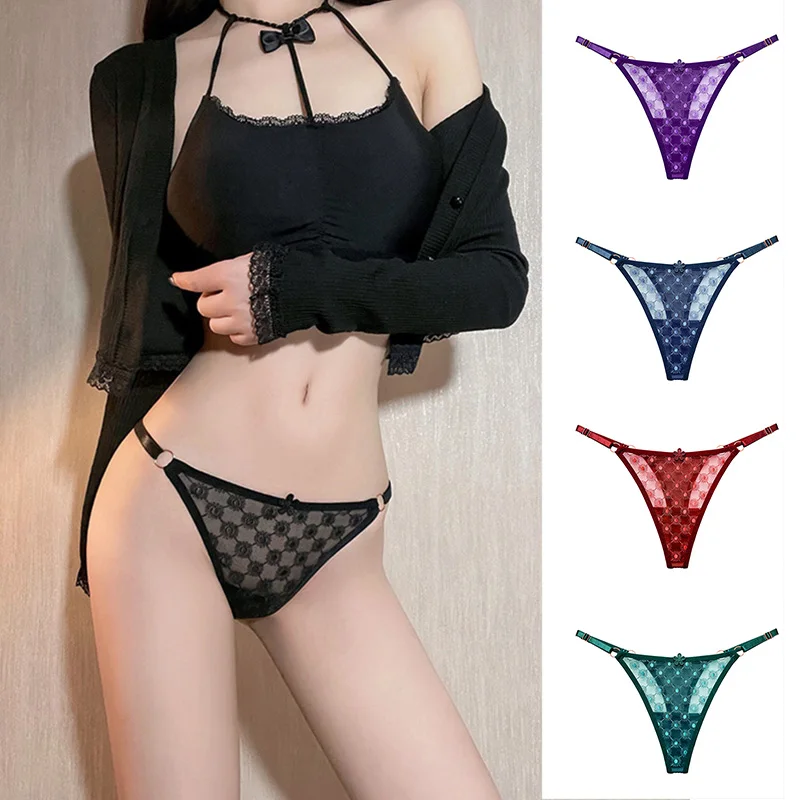 

Transparent Embroidered Flowers Female Underpants Sexy Mesh Briefs Panties Breathable Low Waist Adjustable Thongs Girls Lingerie