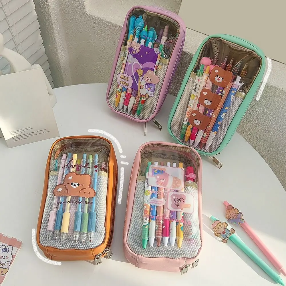 

School Supplies Cartoon Transparent Large Capacity Pen Bags Storage Pouch Stationery Bag Pencil Case