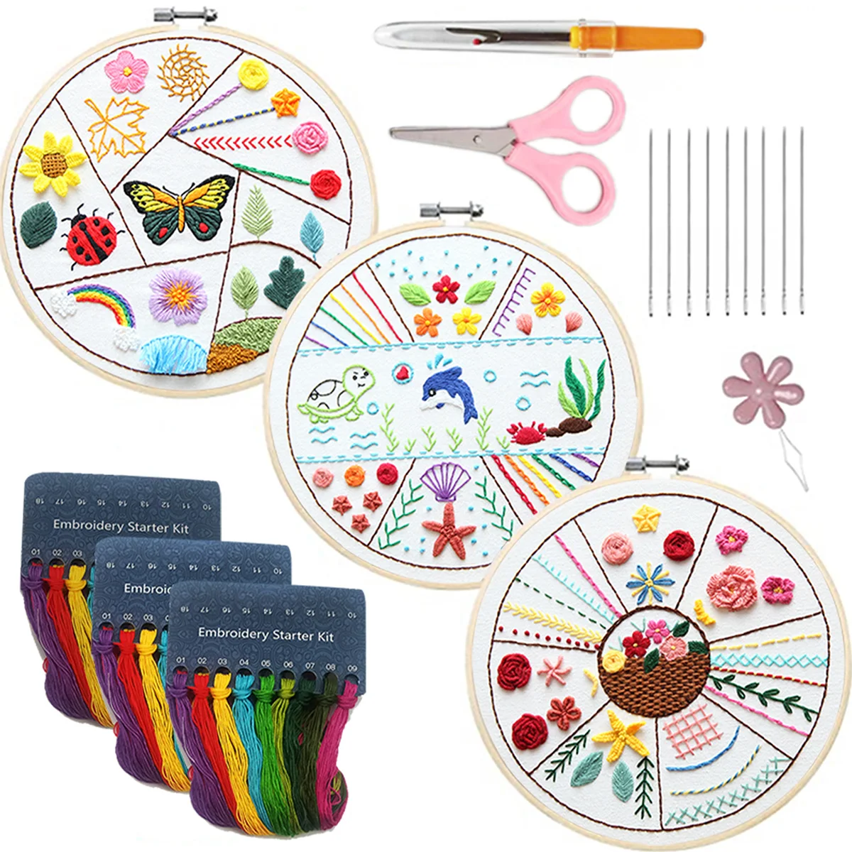 Kit Sewing Hoop Cloth Needles Colorful Threads Scissors Thre