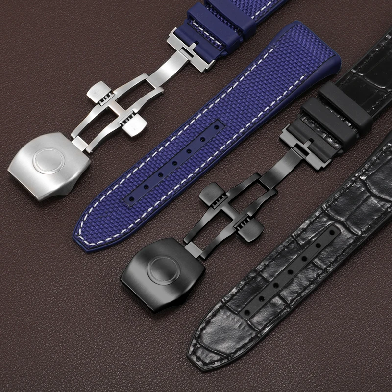 28mm High Quality Nylon Genuine Leather Silicone Watchband Black Blue Folding Buckle Watch Strap For Franck Muller V45 Series
