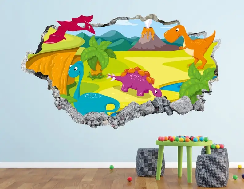 

Наклейка на стену в виде динозавра, мультяшное животное, 3D разбитая стена, художественная наклейка, детский Декор, виниловый постер для дома...