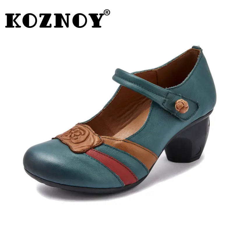 

Koznoy 5cm Retro Natural Genuine Leather Ethnic Kont Summer High Chunky Heels Soft Sole Women Mixed Colors Moccasins Kont Shoes