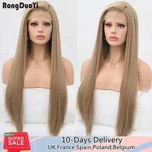 RONGDUOYI Long Silky Straight Lace Wig Synthetic Lace Front Wigs for Women Ash Blonde Wig High Temperature Fiber Cosplay Wigs