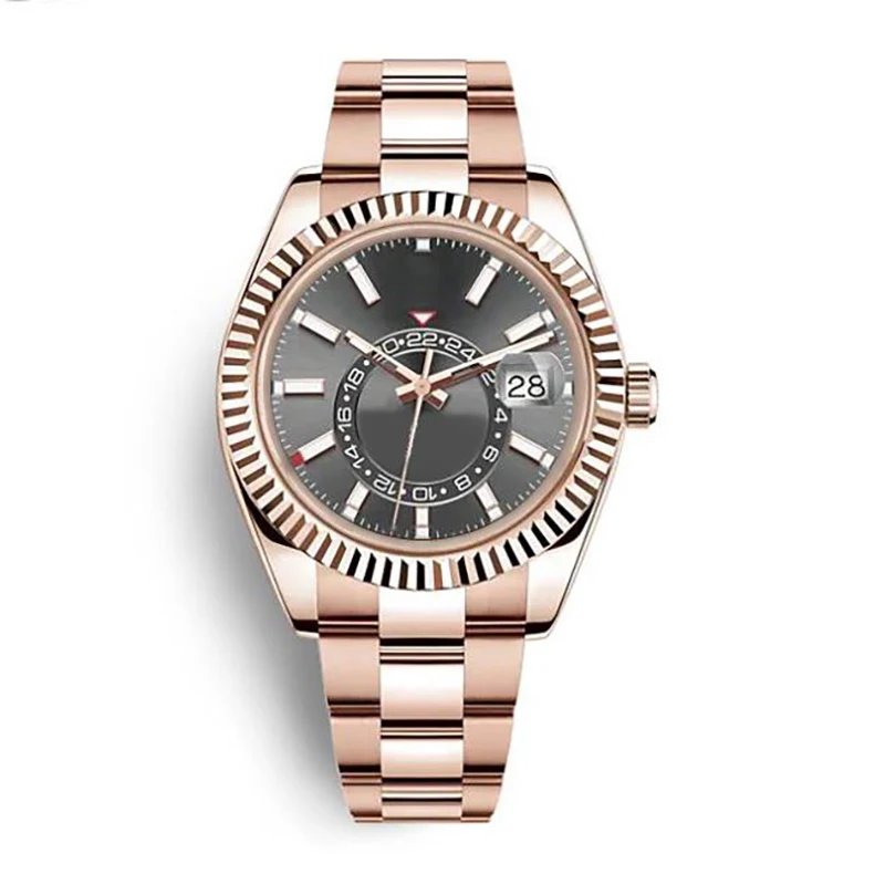 Men Watches Waterproof Dual Time Zone Rose Gold Stainless Steel Watches Automatic Mechanical Sweep Movement Male Wristwatches