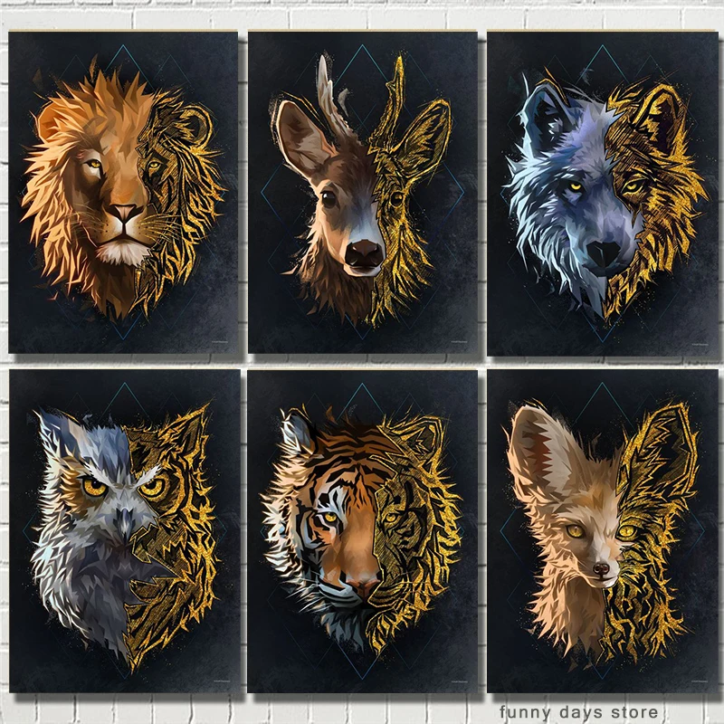 

Золотое искусство лев тигр олень волк лиса холст картины роспись скандинавский животный постер печать картины для современной гостиной до...