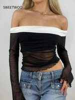 patchwork off shoulder mesh t shirts summer 2022 see through short sleeve sexy fashion crop tops women y2k clothes fashion