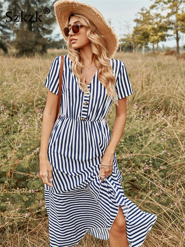 

Szkzk Boho Blue Striped Button Up Long Maxi Dress Women Big Swing Summer Sundress V Neck High Waist Holiday Sexy Beach Dresses