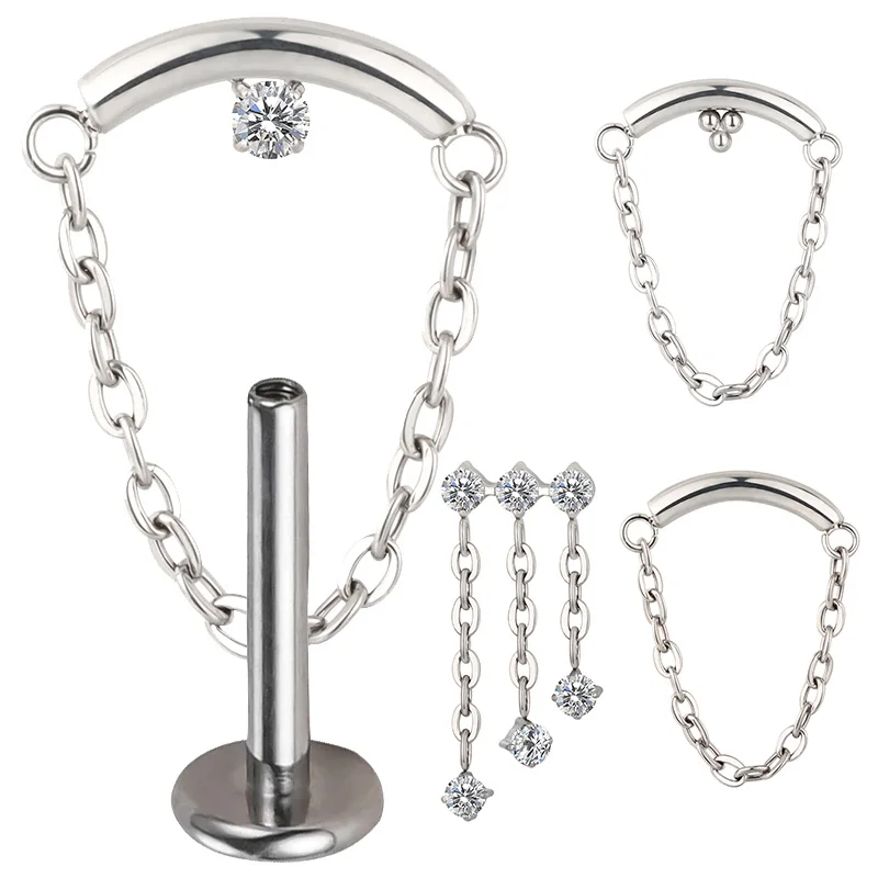 

ASTM F136 Titanium EAR PIERC Chains Hangs Curved Bar Pendant Chain Dangle Ear Studs CZ Top Labret Earrings Body Piercing Jewelry