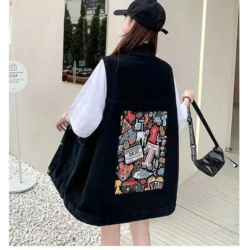 Фото Новый джинсовый жилет для женщин, джинсы Veste, женская повседневная куртка без рукавов, корейский свободный женский жилет средней длины с принтом, S-4XL №4