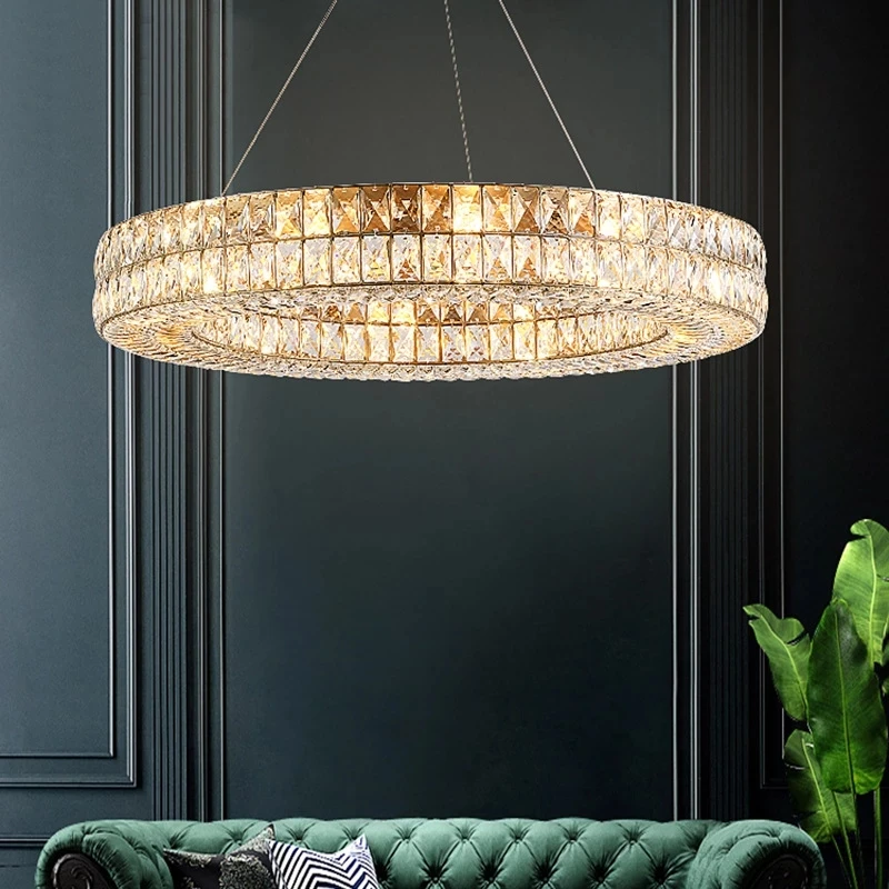 

Luxury American K9 Crystal Pendant Lights Adjustable Circle Led Hanging Lamp Lustre RH E14 Led Gold Silver Suspend Lamp Fixture