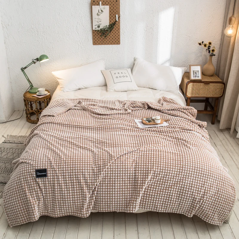 

The Bed Or Sofa Coral Fleece Blankets Cover Winter Soft Warm Waffle Home Decoration Khaki Grid 6 Sizes