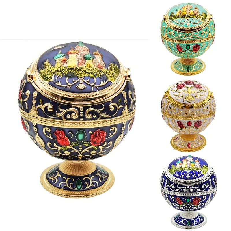 

Windproof Ash Tray Vintage Zinc Alloy Flower Pattern Globe Ashtray Lid Tabletop Portable Home Decor Ashtrays