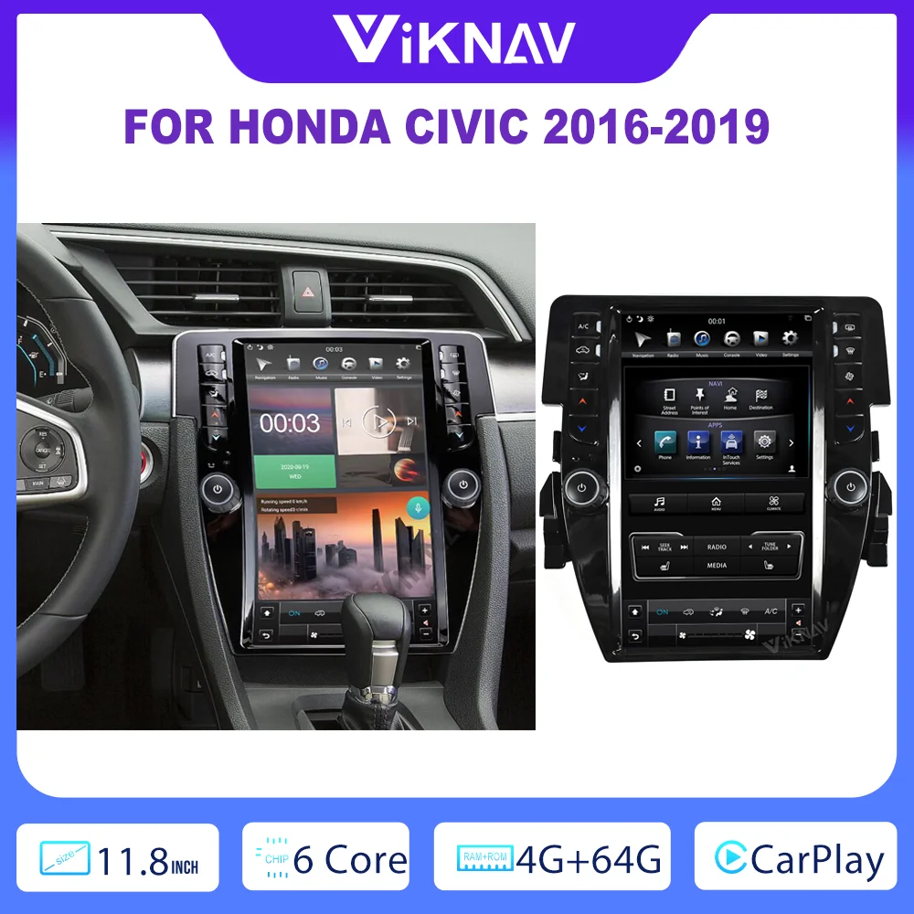 

64GB 11.8 Inch Carplay Radio For Honda Civic 2016-2019 Android System Navigation GPS Original Car Functions Rear View