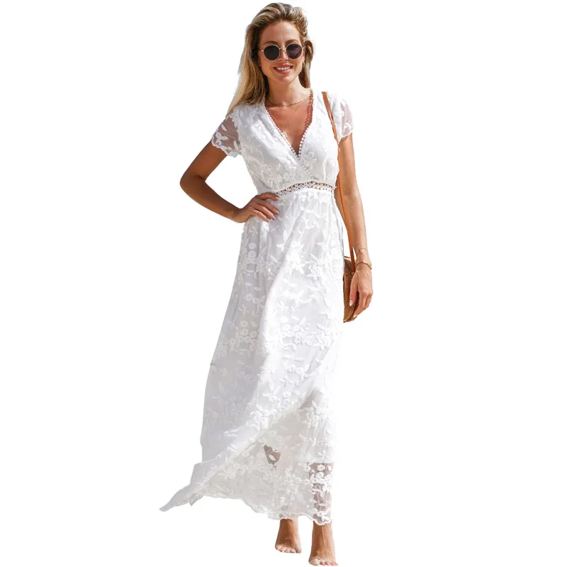 

Women Dress Summer Stylish Loose Solid V Neck Short Sleeve Long Lady Clothes Office Wear Lace Hollow Out Female Apparel