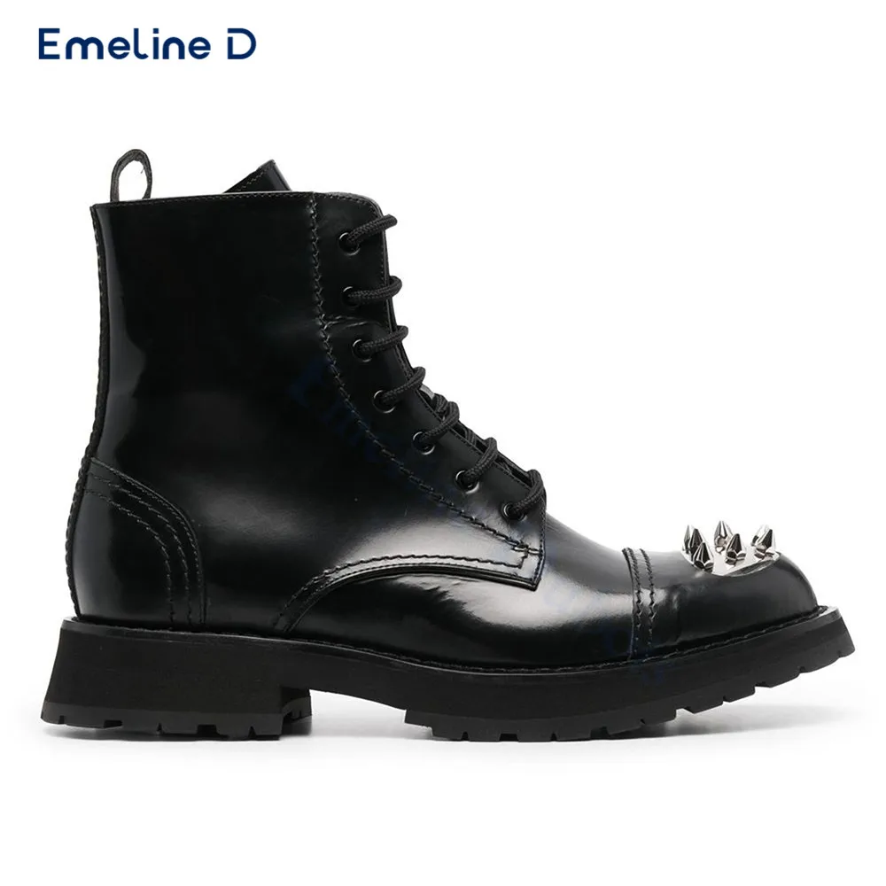 Сапоги на шнуровке с круглым носком черные кожаные повседневные ботинки