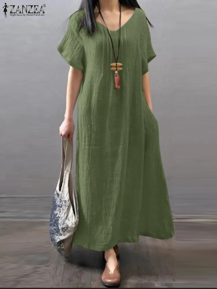 

2023 ZANZEA Summer Vintage Dress Women V Neck Short Sleeve Casual Solid Cotton Long Vestido Party Holiday Sundress Robe Femme