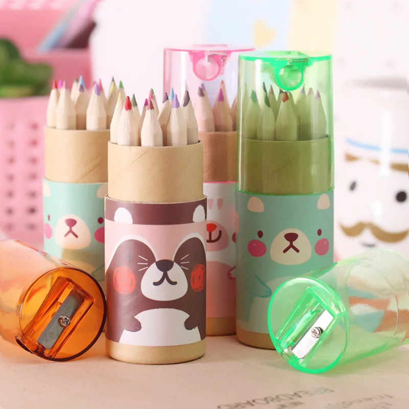 

12 pcs/lot Cute Bear Colored Pencil With Sharpeners Kawaii Watercolor Pastel Pencils For Drawing Stationery School Supplies