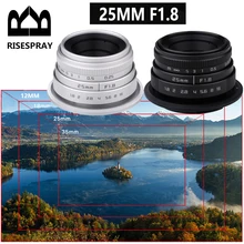 RISESPRAY 대형 조리개 수동 초점 CCTV 영화 렌즈, 캐논 EOS-M 니콘 1 소니 E 마운트 후지 FX M4/3 용, 25mm F1.8 APS-C