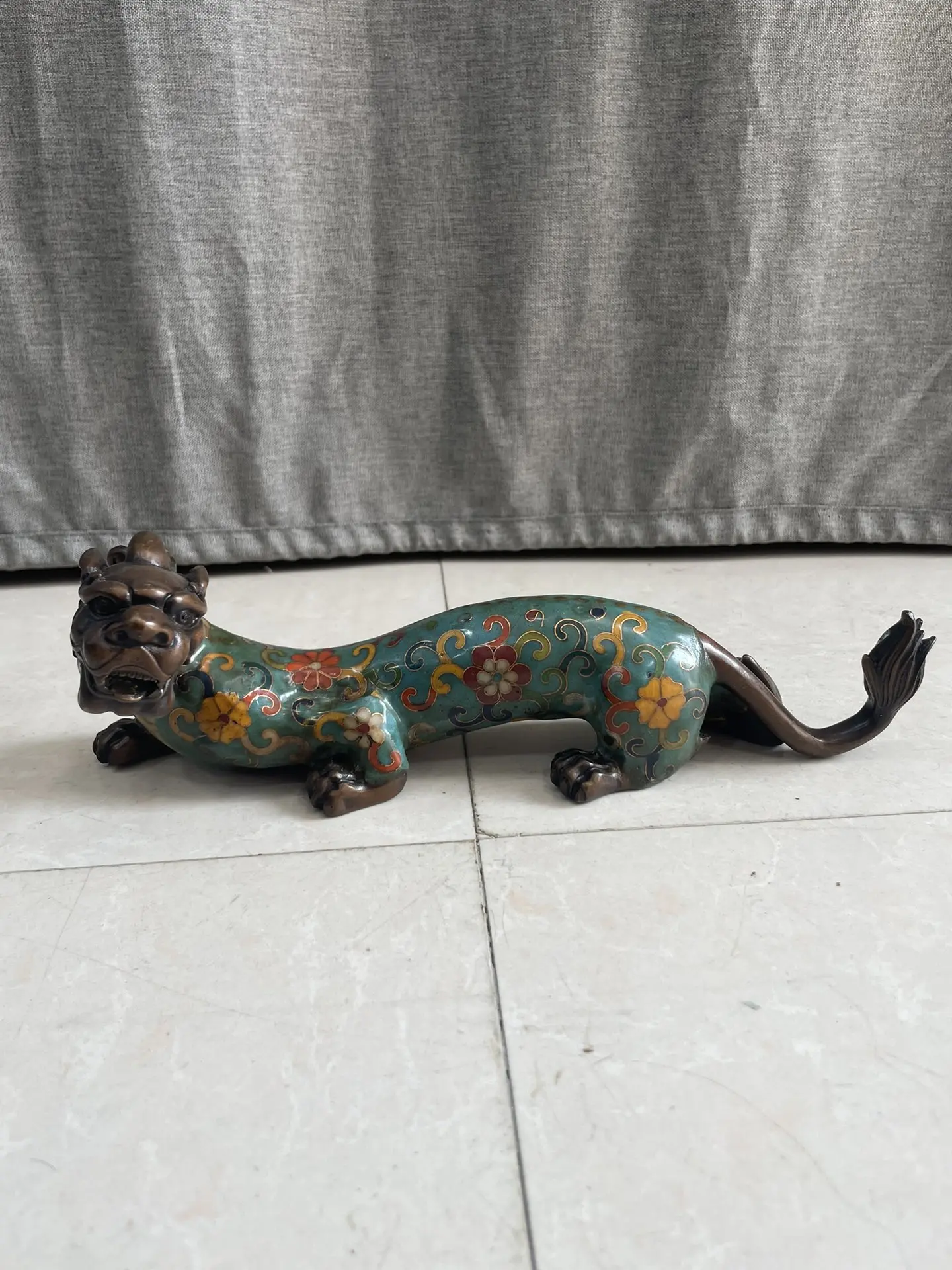 

10"Tibetan Temple Collection Old Bronze Cloisonne Enamel Qinglong Dragon Statue Divine Beast Unicorn Town house Exorcism