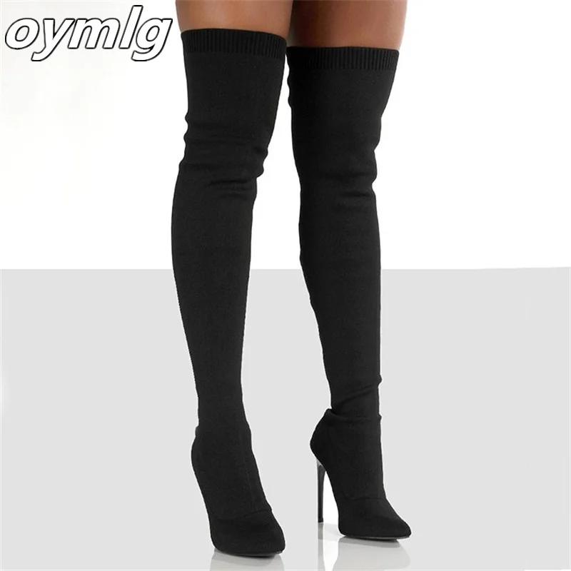 2022 autumn new large size women's boots elastic boots retro women's stiletto high heels knitted tube over the knee boots