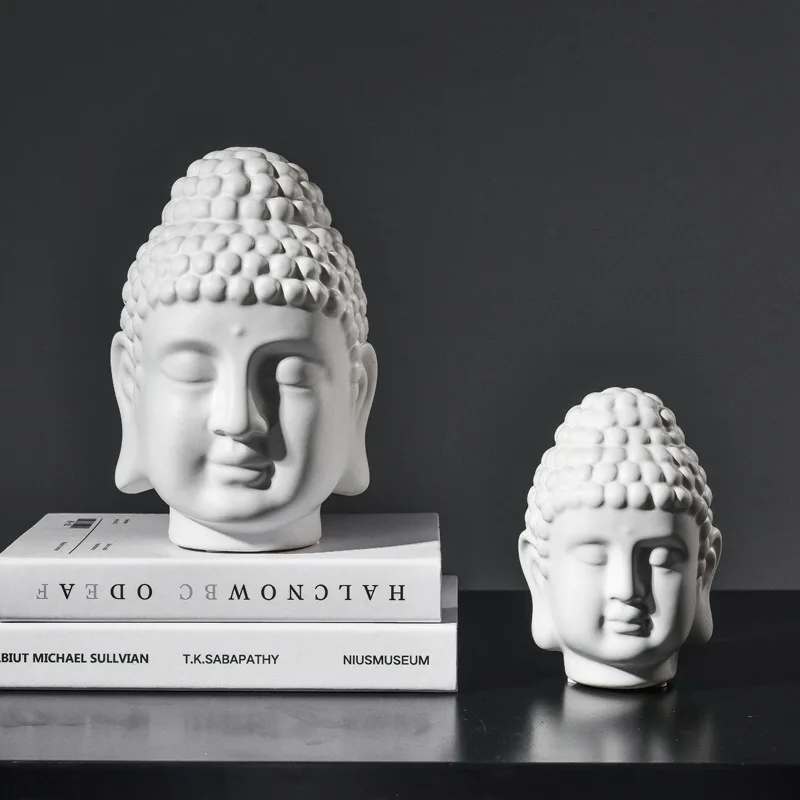 

Sandstone White Buddha Head Statue Resin India Religious Buddha Head Sculpture Thailand Buddha Figurines Home Office Decor