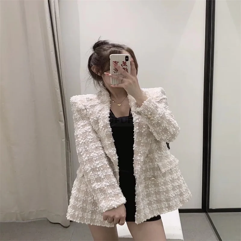 Women Fashion Tweed Double Breasted Full Sleeves Long Blazer Coat 2023 New Flap Pockets Office Lady Female Outerwear