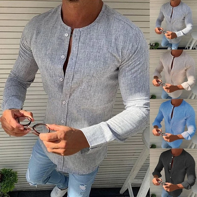 

2021 Autumn Spring Long Sleeve Casual Shirts For Men High Quality Solid Color Slim Stand Collar Basic Stand Business Shirts