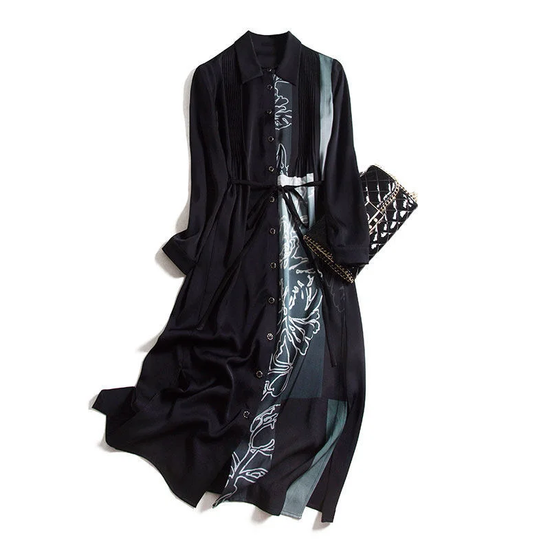 

Woman High Quality Silk Dress Floral Shirt Dress Female Elegant Long Sleeve Dress Spring Autumn 2023 Vestido De Mujer 60