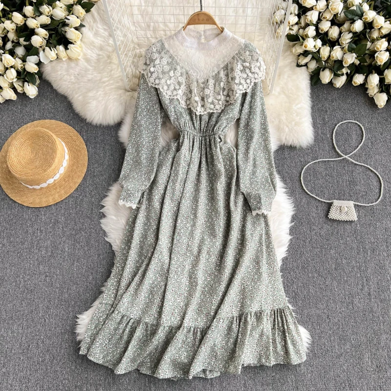 

Spring Sleeved Floral Chiffon Long Dress Stand Collar Lace Patchwork A-line Ruffles Sweet Casual Long Dress Pink Mint Purple