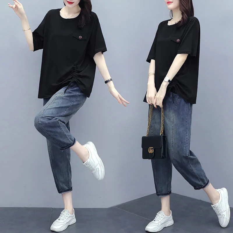 Женский Повседневный комплект из двух предметов белая черная свободная футболка