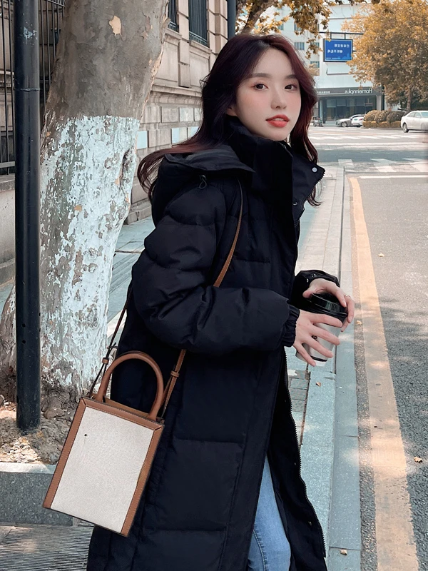 

Пуховик зимний женский с капюшоном, модная повседневная куртка-пуховик, пальто на белом утином пуху для женщин, длинный пуховик в Корейском ...