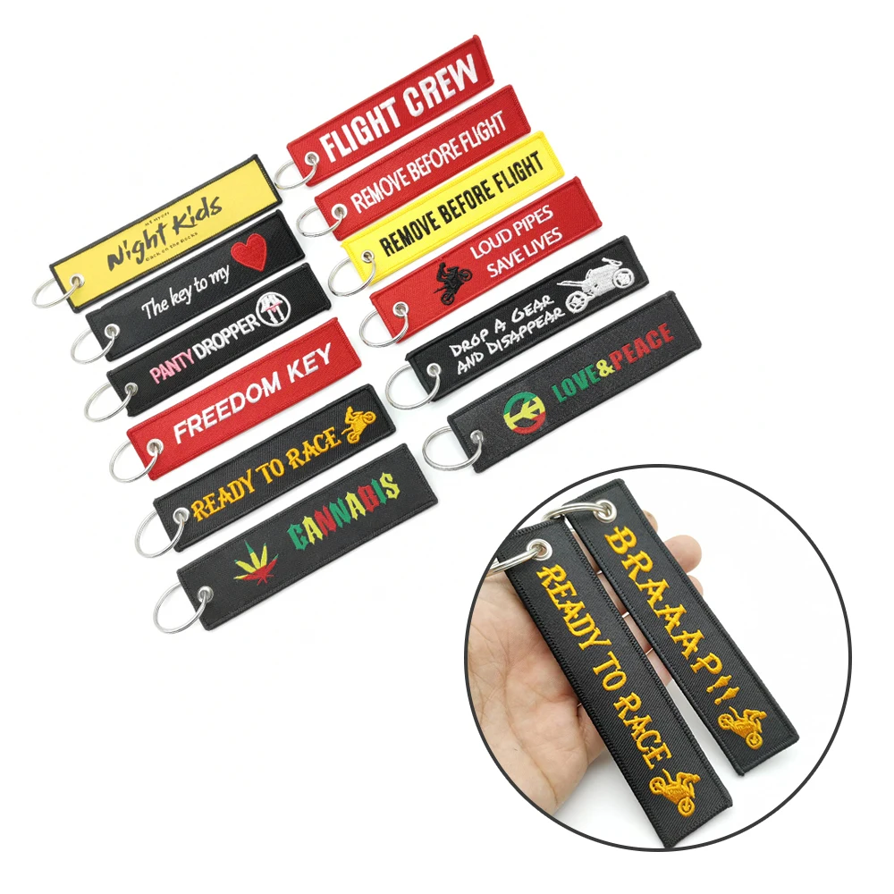 

Double Side Car Keychain Fashion Embroidery Never Give UP Key Tags Nylon Keychain For Motorcycle Keys Keyring Men Boyfriend Gift