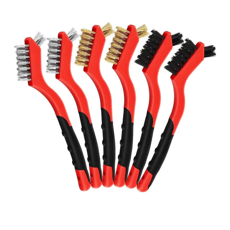 

6Pcs Mini Wire Cleaning Brush Brass Stainless Steel And Nylon Heavy Duty Crimped Scratch Brush For Cleaning Welding Slag