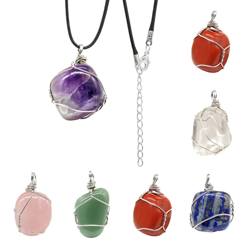 

Natural Irregular Rough Stone Wire Wrap Pendants Necklaces Amethyst Rose Quartz Crystal Agate Charms Necklace