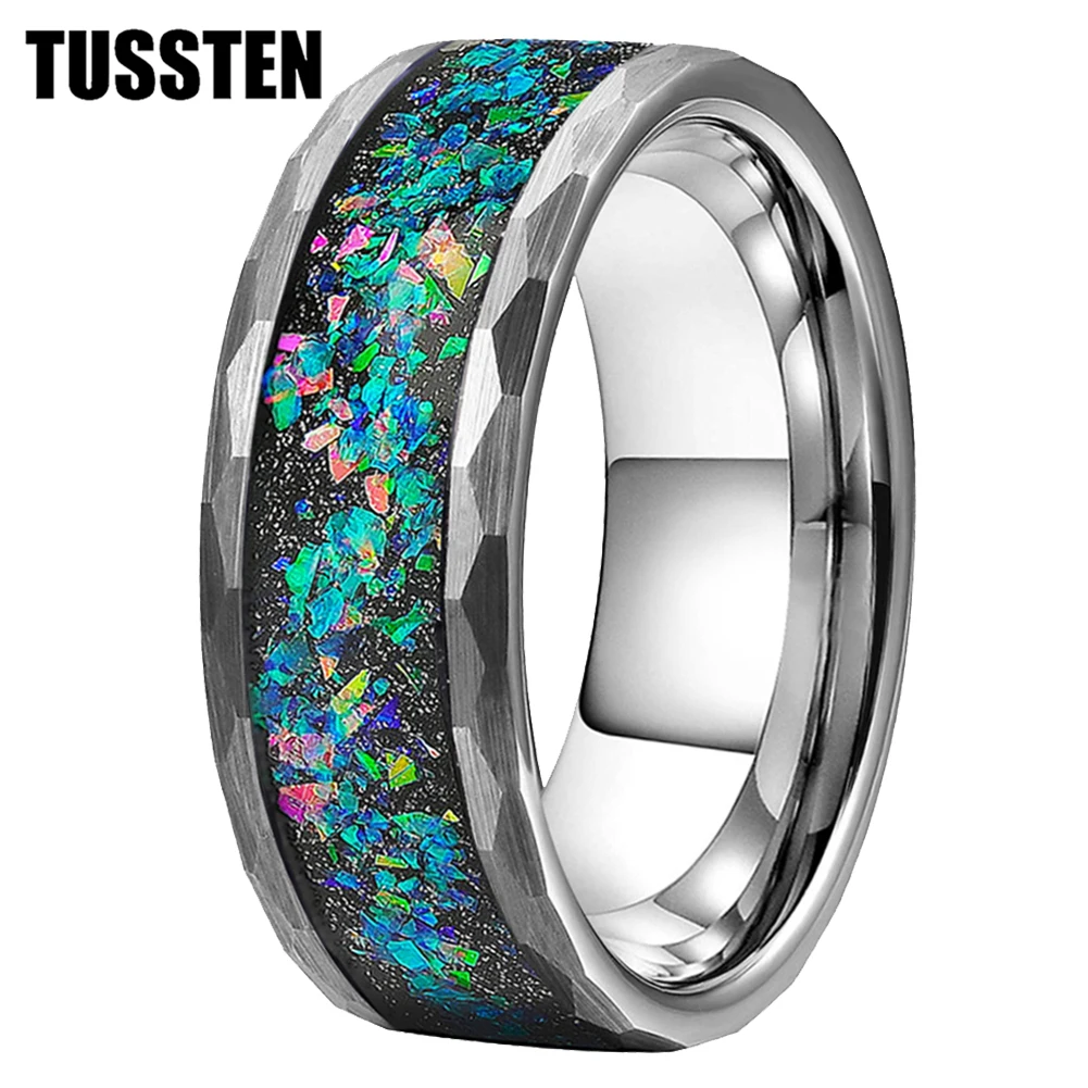 

Dropshipping TUSSTEN 8MM Tungsten Hammer Ring Men Women Wedding Band With Colorful Opal Inlay Comfort Fit