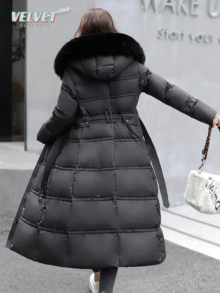VE 2023 Winter Long Parkas for Women Hooded Fur Collar High Quality Warm Thick Female Coat Snow Wear Jacket Clothes With Belt